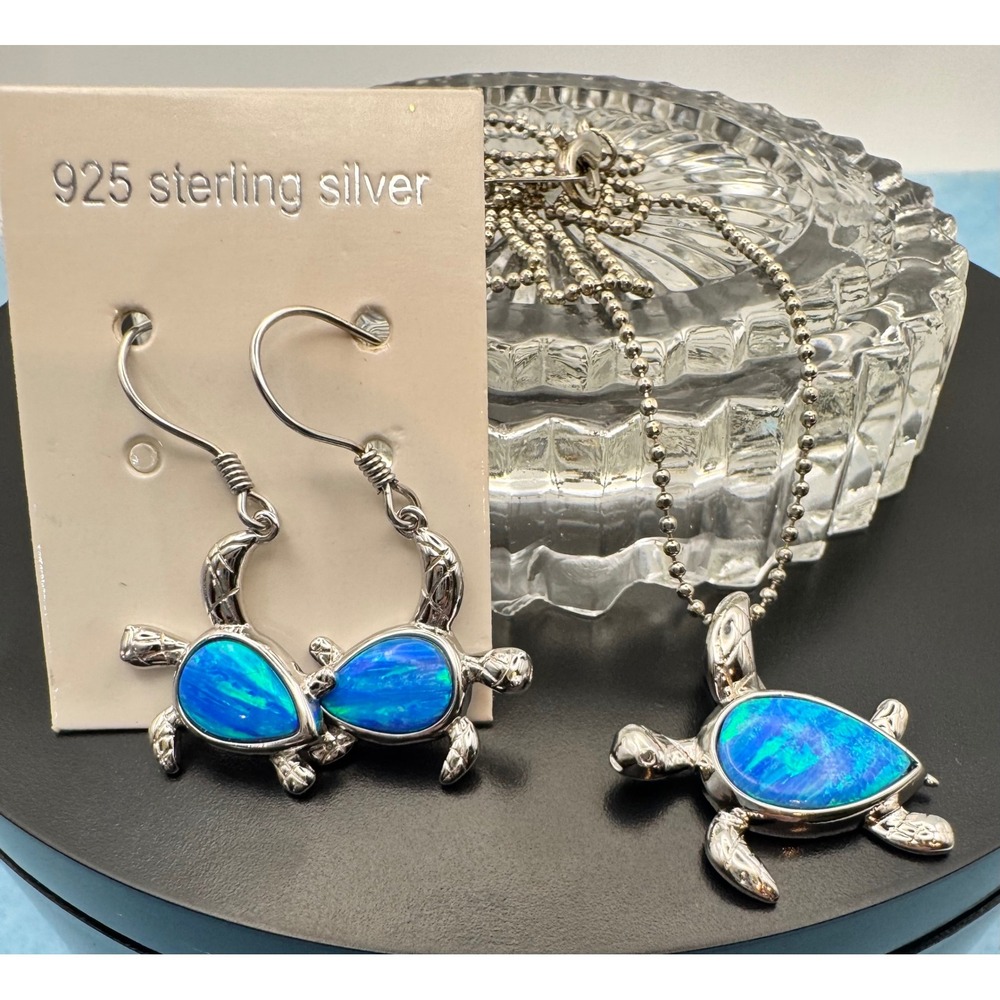 Sterling Silver Blue Opal Sea Turtle Necklace and Earrings Set